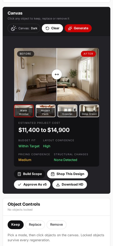 REAL DESIGNS canvas in a mobile browser showing before and after photos, cost range and approval actions