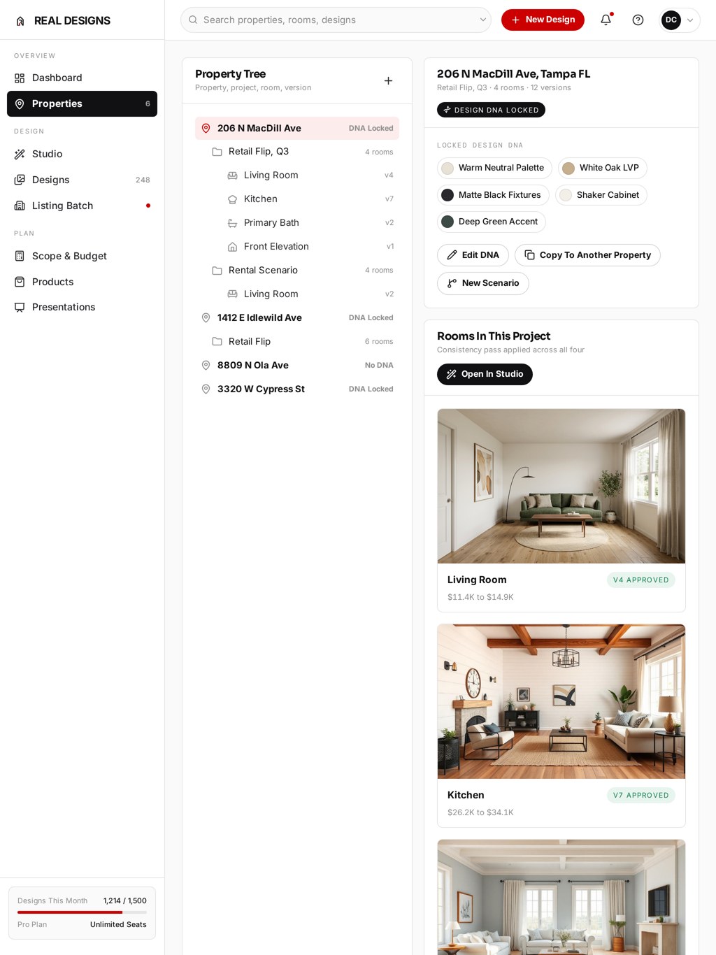 REAL DESIGNS properties view on a tablet showing the property tree, locked Design DNA and room budgets