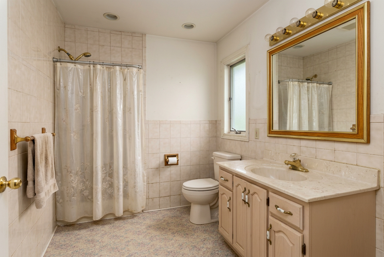 A dated hall bathroom with original tile, tub and vanity.