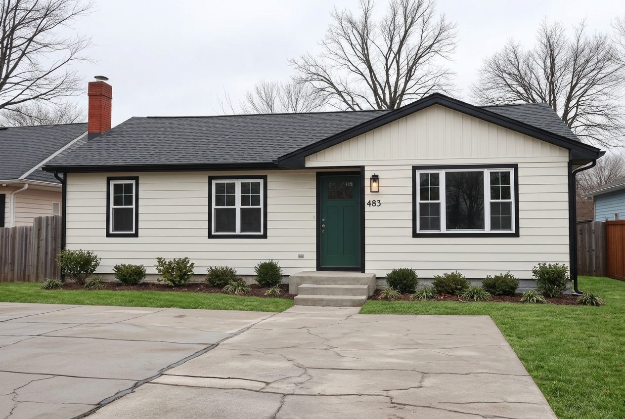 Same exterior after paint, landscaping and lighting updates, same footprint.