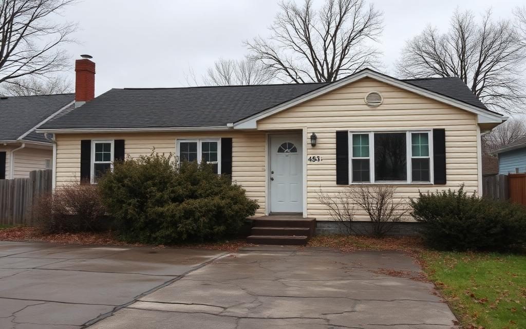 Existing front exterior, dated paint and overgrown landscaping.