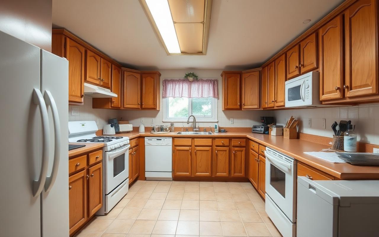 A kitchen photographed as it sits, walls and cabinet runs measured from the frame.