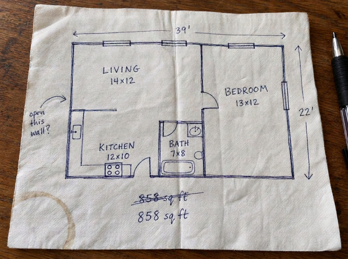 Hand drawn sketch showing walls, openings and rough room proportions.