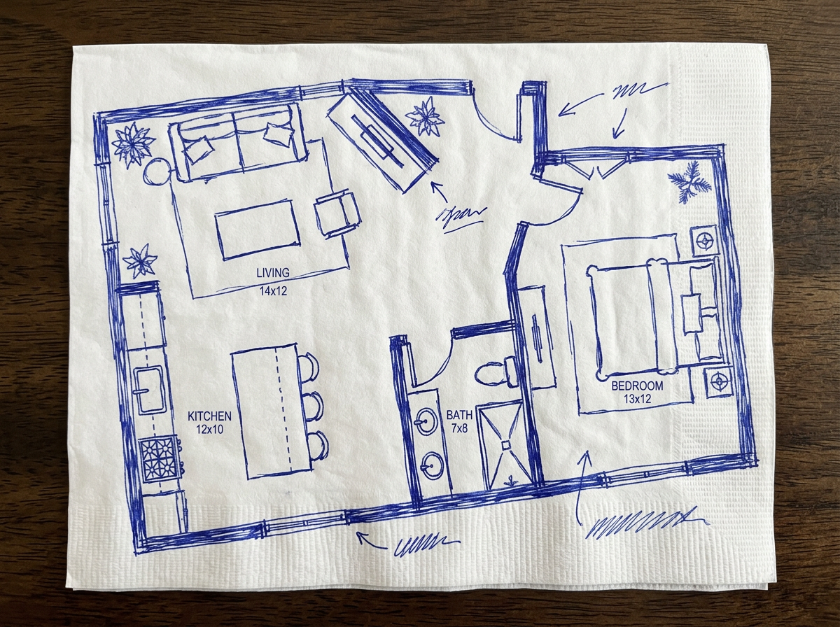 Hand drawn sketch showing walls, openings and rough room proportions.