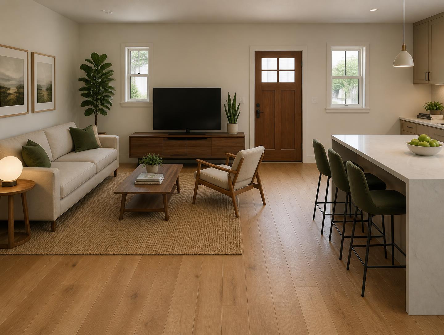 Photoreal furnished render generated from the same layout.
