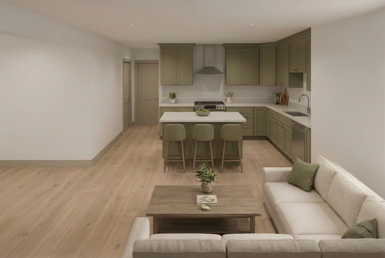 Photoreal furnished render generated from the same layout.