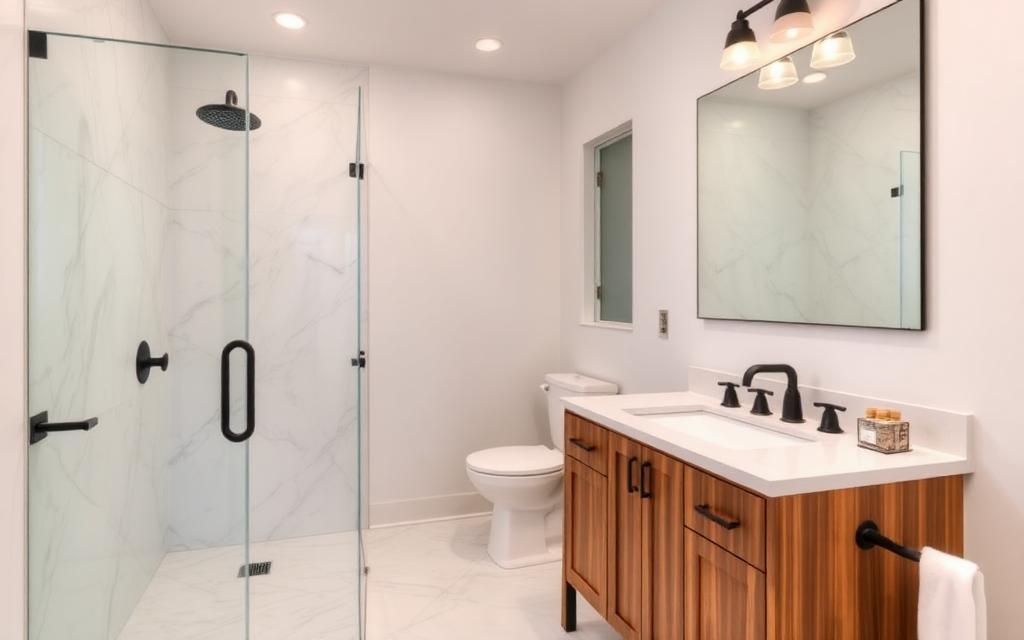 The same footprint with new tile, a tub-to-shower conversion and updated fixtures.