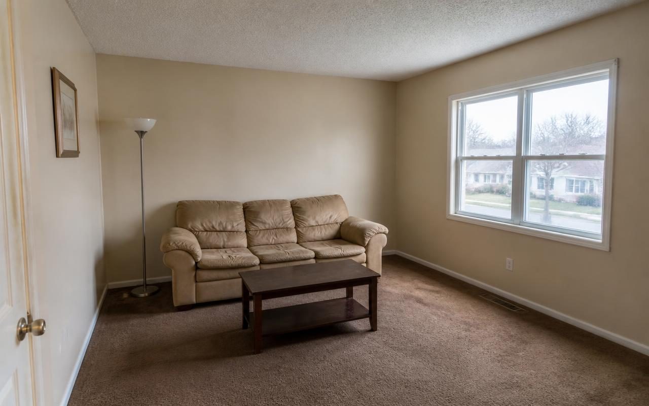 Existing living room, worn flooring and dated finishes, pre-rehab condition.